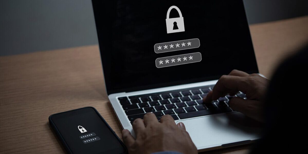 Laptop and Mobile Phone with Encryption, Key Lock, and Password. Digital Security Protection Privacy Information Online protect data, devices, and networks communication