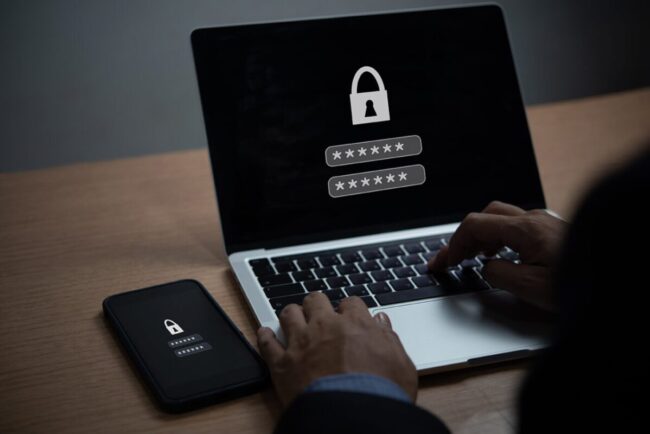 Laptop and Mobile Phone with Encryption, Key Lock, and Password. Digital Security Protection Privacy Information Online protect data, devices, and networks communication